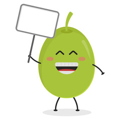 Cute flat cartoon olive holding a sign illustration. Vector illustration of cute olive with a smiling expression. 