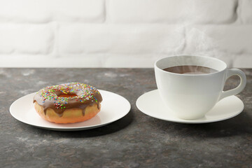 Donut and a white Cup on the table and a brick walll. 3D rendering