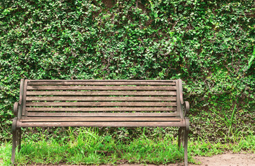 Close up front view of blank old wooden bench in the city park
