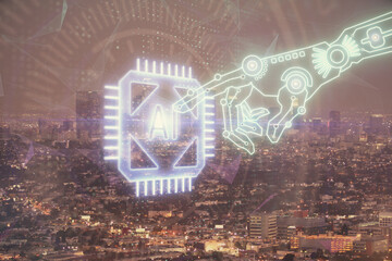Data theme hologram drawing on city view with skyscrapers background double exposure. Ai concept.
