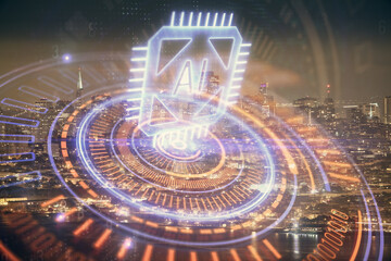 Data theme hologram drawing on city view with skyscrapers background multi exposure. Ai concept.
