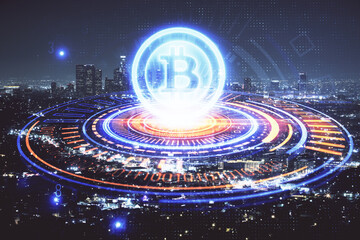 Multi exposure of cryptocurrency theme hologram drawing and city veiw background. Concept of blockchain and bitcoin.