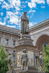 Fototapeta na wymiar Milan, Italy – July 9, 2014: Details of monument of famous painter Leonardo and his journeymen near the Cathedral of Milano, at Milan’s historical downtown, Italy, summer time, details.