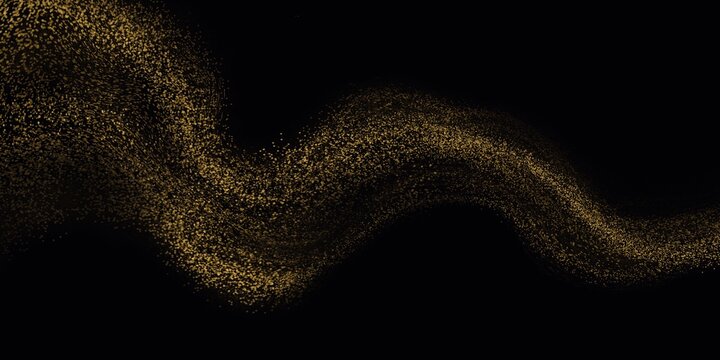 Abstract gold glitter dot particles fluid wavy flowing on black background in luxury background concept.