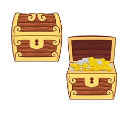 Wooden Chest set for game interface, closed and opened with coins