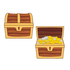 Wooden Chest set for game interface, closed and opened with coins