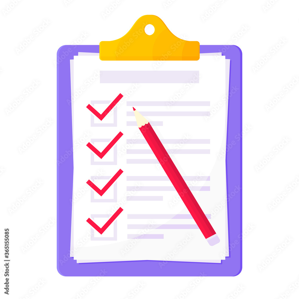 Poster clipboard with complete checklist flat style design icon sign vector illustration isolated on white 