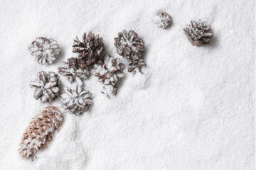 Brown cones covered with snow. Christmas pine cone border with place for text. Selective focus. Christmas border design on the snow background, top view. Selective focus
