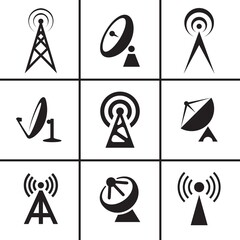 Antenna and satellite receiver dish icons set