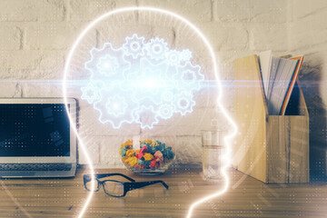 Double exposure of desktop computer and human brain drawing hologram. Ai concept.