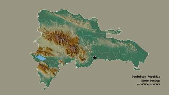 Salcedo, province of Dominican Republic, with its capital, localized, outlined and zoomed with informative overlays on a relief map in the Stereographic projection. Animation 3D