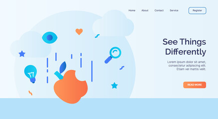 See things differently apple bitten falling icon campaign for web website home homepage landing template banner with cartoon flat style.