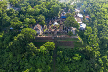 Fototapeta premium Chiso temple at Takeo Province, Cambodia shot by aerial 