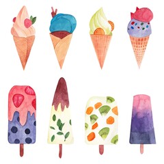 Watercolor Ice Cream Illustrations. Handdrawn elements. Colorful lovely paintings. 