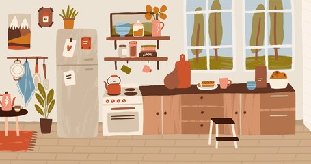 Cozy rustic hand drawn kitchen interior vector flat illustration. Colorful stove, wooden table, cooking utensils and decorative elements. Inside panorama of cuisine at residential house