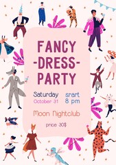 Announcement of fancy dress party at nightclub vector flat illustration. Promo poster of carnival with design elements and place for text isolated. People in mask and costume at masquerade event