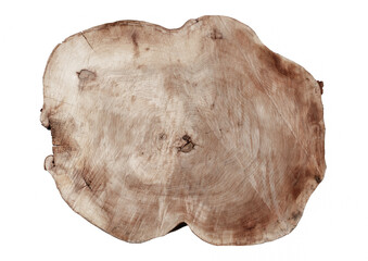 Oak wood slab. Irregular shaped textured surface with rings and cracks on white background. 