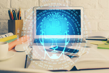 Double exposure of work space with computer and human brain drawing hologram. Brainstorm concept.