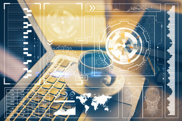 Double exposure of desktop computer and technology theme hologram. Concept of software development.