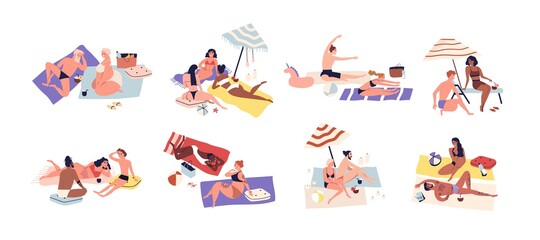 Various sunbathing people on summer beach vacation. Set of different couples doing yoga, lying, chilling, relaxing. Summertime lounge in flat vector illustration isolated on white background