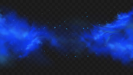Blue smoke isolated on dark transparent background. Realistic blue magic mist cloud, chemical toxic gas, steam waves. Realistic vector illustration © janevasileva