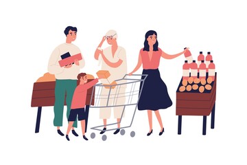 Big family at grocery supermarket choose food products, purchase together. Retired grandmother with list, shopping cart, trolley, child. Flat vector cartoon illustration isolated on white background