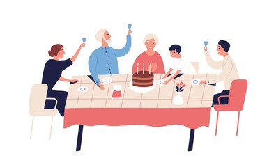 Family celebration of grandparents birthday. People sitting at table with cake, candles, raise glasses with beverage. Cheers, applause in flat vector cartoon illustration isolated on white background