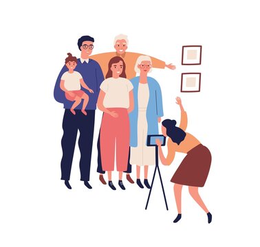 Happy big family making photo portrait on smartphone camera. Grandparents, grandchildren, relatives and little child say cheese together. Flat vector cartoon illustration isolated on white background