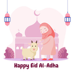 Eid Al Adha mubarak illustration. Celebration of Muslim holiday. flat illustration style of hijab girl and goat to celebrate eid al-adha
