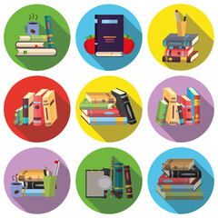 Collection of colored book icons. Books with shadows. Reader or library. Books for school or university