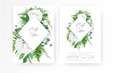 Wedding invite, invitation, floral save the date card. Vector ivory white powder peony Rose flower, Eucalyptus branch, greenery forest fern leaves, asparagus watercolor illustration. Elegant template