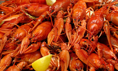 Appetizing, delicious fresh red  braised crayfish. Selective focus