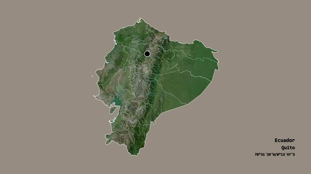Azuay, province of Ecuador, with its capital, localized, outlined and zoomed with informative overlays on a satellite map in the Stereographic projection. Animation 3D
