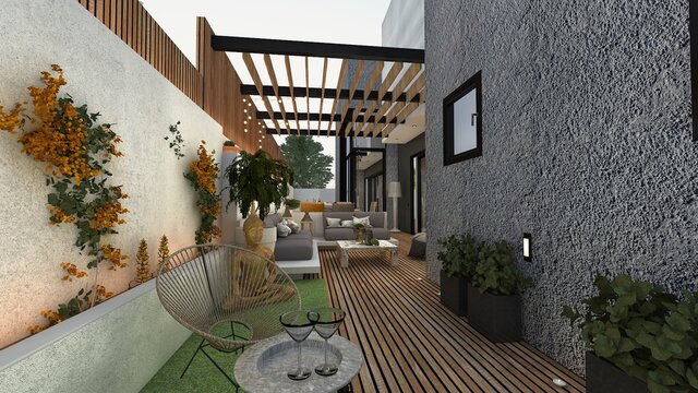Terraza con comedor y zona relax . proyecto 3d 