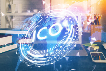 Multi exposure of blockchain theme hologram and table with computer background. Concept of bitcoin...