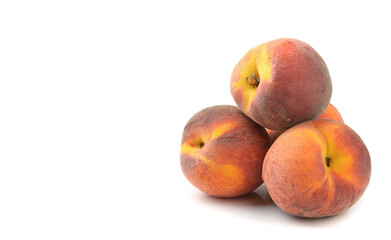 ripe peaches close-up, white isolated background, horizontal view