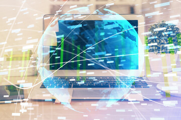 Multi exposure of business theme icons and table with computer background. Concept of success.