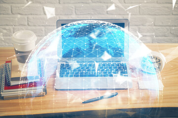 Multi exposure of business theme icons and table with computer background. Concept of success.