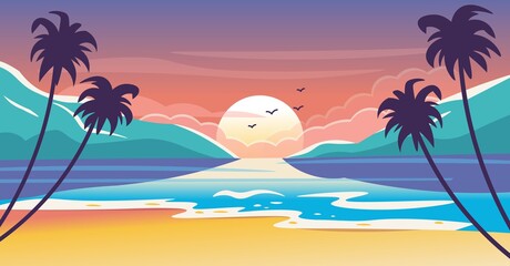 Woman seeing the summer landscape in her hair. Evening beach at sunset with waves the sun and palm trees. Vector illustration