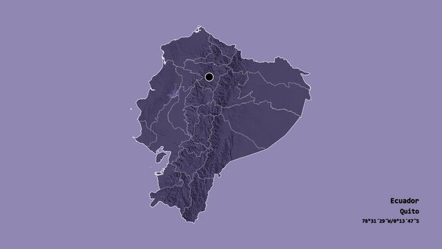Cotopaxi, province of Ecuador, with its capital, localized, outlined and zoomed with informative overlays on a administrative map in the Stereographic projection. Animation 3D