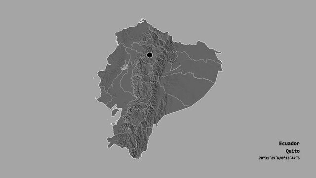 Cotopaxi, province of Ecuador, with its capital, localized, outlined and zoomed with informative overlays on a bilevel map in the Stereographic projection. Animation 3D