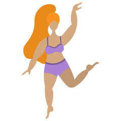 Body positive. Vector stock illustration. Model plus size. Redhead girl dancing. Isolated white background. Confident woman in sportswear. Flat style. Love for your body. Lady with a ponytail.