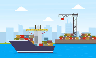 Cargo Ship Container and Working Crane, Maritime Shipping Freight Transportation, Cargo Logistics Flat Vector Illustration
