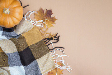 Autumn composition Flatlay. Orange pumpkin, plaid, dry autumn leaves, cones on a pastel beige background. Autumn minimalism concept. Flat bed, top view.