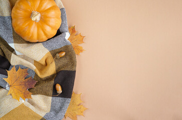 Autumn composition Flatlay. Orange pumpkin, plaid, dry autumn leaves, cones on a pastel beige background. Autumn minimalism concept, banner. Flat bed, top view.
