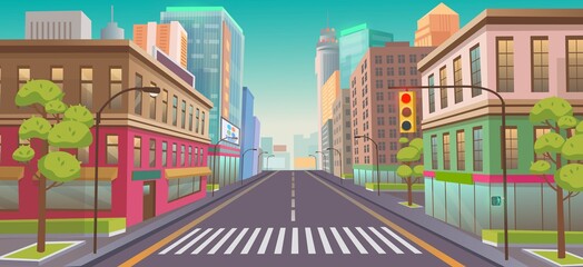Panorama city with shops,  building, crossing and traffic light .Vector illustration in flat style. © NADEZHDA