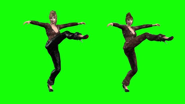 3d animation of two attractive avatar girls  with ponytail hair styles, wearing trousers, blouses and high heel shoes dance in synchronization the can-can.