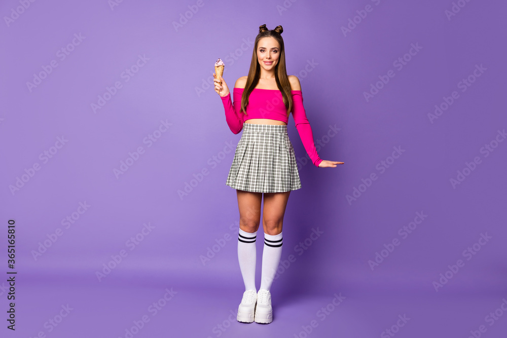 Sticker Full length body size view of her she nice attractive lovely pretty cheerful cheery girl eating icecream posing isolated on bright vivid shine vibrant lilac violet purple color background