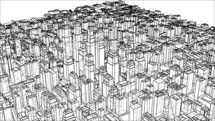 Wire-frame Twisted City, Blueprint Style