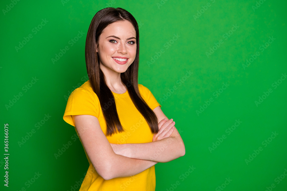 Wall mural profile side view portrait of her she nice-looking attractive lovely pretty charming cheerful conten